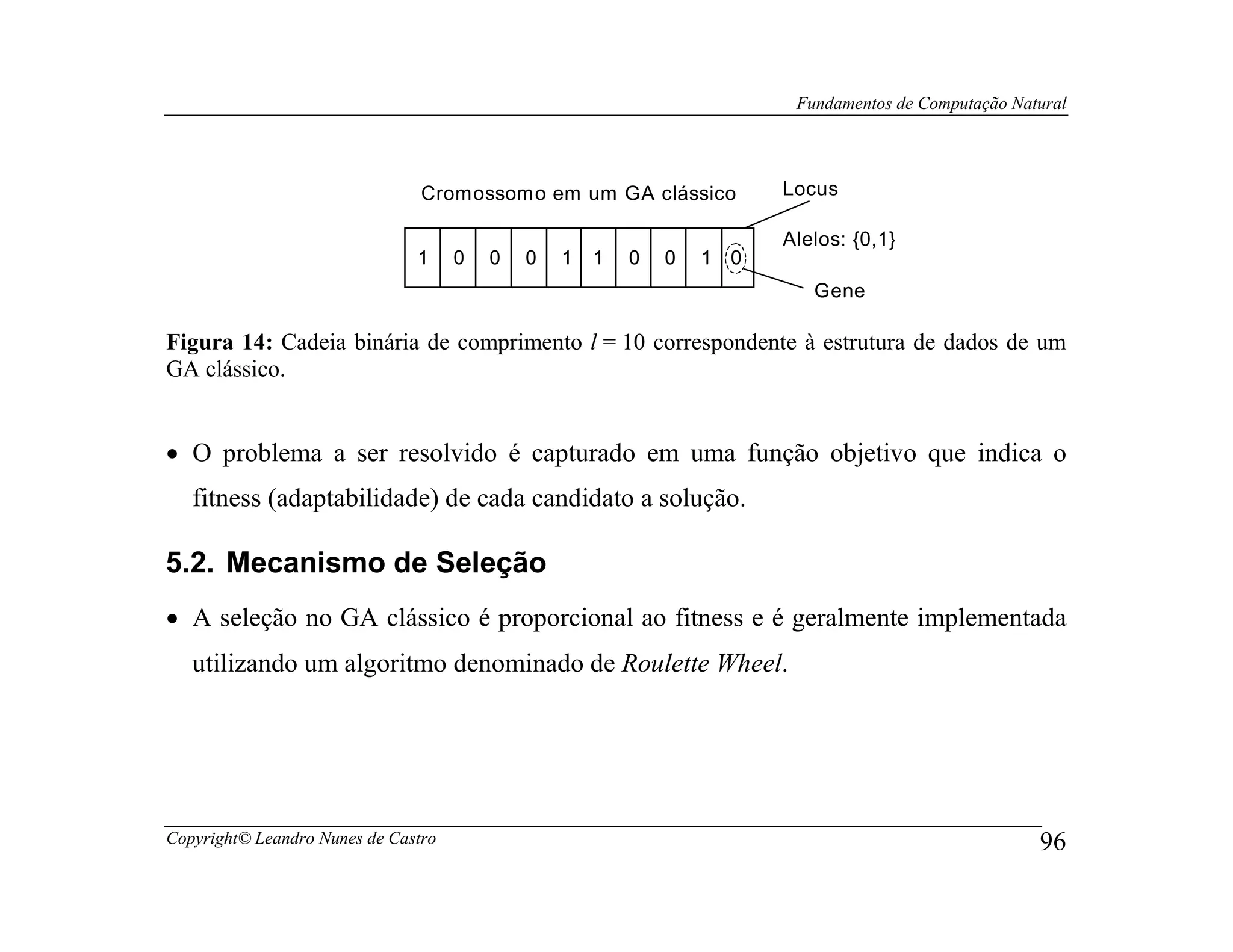 Fundamentos de Computação Natural




                                Cromossomo em um GA clássico           Locus

                                                                       Alelos: {0,1}
                               1     0   0   0   1   1   0   0   1 0
                                                                          Gene

Figura 14: Cadeia binária de comprimento l = 10 correspondente à estrutura de dados de um
GA clássico.


• O problema a ser resolvido é capturado em uma função objetivo que indica o
   fitness (adaptabilidade) de cada candidato a solução.

5.2. Mecanismo de Seleção
• A seleção no GA clássico é proporcional ao fitness e é geralmente implementada
   utilizando um algoritmo denominado de Roulette Wheel.




Copyright© Leandro Nunes de Castro                                                                   96
 