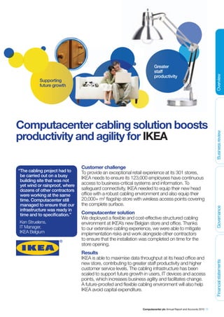 Greater
                                                                       staff
                                                                       productivity




                                                                                                                      Overview
           Supporting
           future growth




Computacenter cabling solution boosts
productivity and agility for IKEA




                                                                                                                      Business review
                                Customer challenge
“The cabling project had to     To provide an exceptional retail experience at its 301 stores,
 be carried out on a busy
                                IKEA needs to ensure its 123,000 employees have continuous
 building site that was not
 yet wind or rainproof, where   access to business-critical systems and information. To
 dozens of other contractors    safeguard connectivity, IKEA needed to equip their new head
 were working at the same       office with a robust cabling environment and also equip their
 time. Computacenter still      20,000+ m² flagship store with wireless access points covering
 managed to ensure that our     the complete surface.

                                                                                                                      Governance
 infrastructure was ready in
 time and to specification.”    Computacenter solution
                                We deployed a flexible and cost-effective structured cabling
Ken Struelens,                  environment at IKEA’s new Belgian store and office. Thanks
IT Manager,                     to our extensive cabling experience, we were able to mitigate
IKEA Belgium                    implementation risks and work alongside other contractors
                                to ensure that the installation was completed on time for the
                                store opening.
                                Results
                                IKEA is able to maximise data throughput at its head office and
                                                                                                                      Financial statements




                                new store, contributing to greater staff productivity and higher
                                customer service levels. The cabling infrastructure has been
                                scaled to support future growth in users, IT devices and access
                                points, which increases business agility and facilitates change.
                                A future-proofed and flexible cabling environment will also help
                                IKEA avoid capital expenditure.


                                                               Computacenter plc Annual Report and Accounts 2010 11
 