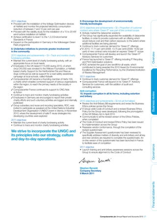 2011 objectives                                                              9. Encourage the development of environmentally
•	 Proceed with the installation of the Voltage Optimisation devices         friendly technologies
   at Hatfield and monitor the projected electricity consumption
                                                                             2010 objectives and achievements – SI = Proportion of customer
   reduction of between 7 and 10 per cent per year
                                                                             contract wins where ‘Green IT’ was part of the contract scope.
•	 Proceed with the viability study for the installation of a 15 to 20 kW
                                                                             •	 Actively market the datacenter solutions
   wind turbine installation at Hatfield
                                                                             ✓ The Group has significantly expanded the availability of datacenter
•	 Achieve certification to level 1 to the 1,2,3 Environmental
                                                                                facilities, in order to provide customers with an offering which
   Standards in France
                                                                                would reduce cost and their carbon exposure, to the extent where
•	 Expand on the participation in Germany in the Volkswagen Green
                                                                                additional facilities are being planned
   Fleet programme
                                                                             •	 Continue to track customer demand for ‘Green IT’ offerings
8. Undertake initiatives to promote greater involvement                      ✓ In 2010, 17.71 per cent (2008: 13.75 per cent) (2009: 18.82 per
in the community                                                                cent) of new contract wins included an express ‘Green IT’ scope




                                                                                                                                                          Overview
                                                                             •	 Computacenter France will develop and launch the ‘Green IT’
2010 objectives and achievements – SI = Track and monitor charity
                                                                                Advisory Services for customers
fundraising activities.
                                                                             ✓ France has launched a ‘Green IT’ offering including IT Recycling
•	 Maintain the current level of charity fundraising activity, with an
                                                                                and Print Optimisation solutions
   appropriate focus on local needs
                                                                             ✓ RDC achieved the goal of zero landfill for all waste, which
✓ Employees in the UK raised £115,000 during 2010, of which
                                                                                contributed to being awarded the 2010 Award for Environmental
   circa £40,000 was donated to the Willows Foundation, a Hatfield
                                                                                Excellence for Recycling Performance, by the Chartered Institution
   based charity. Support for the Hertfordshire Fire and Rescue
                                                                                of Wastes Management
   dogs continued as well as support for a road safety awareness
   campaign at local schools, called Kidsafe                                 2011 objectives
✓ Computacenter UK became a founding member of Herts 100,                    •	 Continue to track customer demand for ‘Green IT’ offerings
   a charity which enables combined support of various organisations         •	 Computacenter France will expand on its ‘Green IT’ Advisory
   within the region, to reach the primary needs of the society in              Services for customers, with the addition of audit and
   the region                                                                   consulting services
✓ Computacenter France continued its support to ONG Aide
                                                                             Anti-corruption
   et Action




                                                                                                                                                          Business review
                                                                             10. Impede corruption in all its forms, including extortion
•	 Continue to track and monitor charity fundraising activities
                                                                             and bribery
✓ Employees in Germany are encouraged to report their private
   charity efforts and such voluntary activities are logged and internally   2010 objectives and achievements – SI not yet formalised.
   publicised                                                                •	 Review the Anti-Bribery Bill requirements and revise the Business
✓ Group subsidiary and reuse and recycling specialists, RDC, was                Ethics policies across the Group
   invited to participate as speakers at the United Nations Industrial       ✓ A Group-wide Code of Conduct and a revised Business Ethics
   Development Organisation (‘UNIDO’) event in Vienna, in November              Policy for the Group were developed, following the promulgation
   2010, where the development of safe IT reuse strategies into                 of the UK Bribery Act in April 2010
   developing countries were explored                                        •	 Communicate to all the revised version of the Ethics Policies,
2011 objectives                                                                 when completed
•	 Maintain the current level of charity fundraising activity                ✓ The Code of Conduct and revised Ethics Policy has been issued
•	 Continue to track and monitor charity fundraising activities                 for implementation across the Group
                                                                             •	 Reassess vendor conformance, through the completion of the
                                                                                revised questionnaire
We strive to incorporate the UNGC and                                        ✓ The Supplier Assessment questionnaire has been reviewed to
its principles into our strategy, culture                                       specifically address matters of diversity and anti-bribery and all key
                                                                                and new vendors are required to complete the questionnaire. An
and day-to-day operations.                                                      on-line version of the questionnaire has been launched in France
                                                                                to facilitate ease of completion



                                                                                                                                                          Governance
                                                                             2011 objective
                                                                             •	 Launch training and anti-bribery awareness sessions across the
                                                                                Group to ensure alignment to the Code of Conduct




                                                                             Stephen Benadé
                                                                             Company Secretary
                                                                             9 March 2011
                                                                                                                                                          Financial statements




                                                                                                   Computacenter plc Annual Report and Accounts 2010 27
 