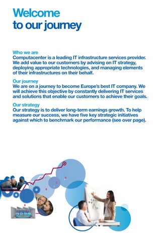 Welcome
to our journey

Who we are
Computacenter is a leading IT infrastructure services provider.
We add value to our customers by advising on IT strategy,
deploying appropriate technologies, and managing elements
of their infrastructures on their behalf.
Our journey
We are on a journey to become Europe’s best IT company. We
will achieve this objective by constantly delivering IT services
and solutions that enable our customers to achieve their goals.
Our strategy
Our strategy is to deliver long-term earnings growth. To help
measure our success, we have five key strategic initiatives
against which to benchmark our performance (see over page).




   T
                          ‘10
                         ‘09
                   ‘07
 