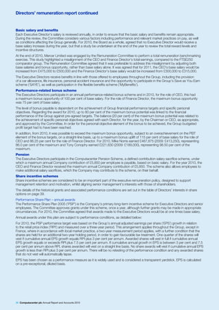 Directors’ remuneration report continued


Basic salary and benefits
Each Executive Director’s salary is reviewed annually, in order to ensure that the basic salary and benefits remain appropriate.
During the review, the Committee considers various factors including performance and relevant market practices on pay, as well
as conditions affecting the Group generally. For 2010, the Board as a whole, agreed that no Executive Director would receive a
base salary increase during the year, but that a study be undertaken at the end of the year to review the total reward levels and
incentive structures.
At the end of 2010, Mercer Limited was engaged by the Remuneration Committee to perform a total remuneration benchmarking
exercise. This study highlighted a misalignment of the CEO and Finance Director’s total earnings, compared to the FTSE250
comparator group. The Remuneration Committee agreed that it was preferable to address this misalignment by adjusting both
base salaries and bonus opportunity, rather than base salary alone. It was agreed that for 2011, the CEO’s base salary would be
increased from £475,000 to £500,000 and the Finance Director’s base salary would be increased from £300,000 to £315,000.
The Executive Directors receive benefits in line with those offered to employees throughout the Group, including the provision
of a car allowance, life insurance, personal accident insurance and the opportunity to participate in the Group’s Save as You Earn
scheme (‘SAYE’), as well as participation in the flexible benefits scheme (‘MyBenefits’).
Performance-related bonus scheme
The Executive Directors participate in an annual performance-related bonus scheme and in 2010, for the role of CEO, this had
a maximum bonus opportunity of 100 per cent of base salary. For the role of Finance Director, the maximum bonus opportunity
was 75 per cent of base salary.
The level of bonus payable is dependent on the achievement of Group financial performance targets and specific personal
objectives. Regarding the award for 2010, up to 80 per cent of the maximum bonus potential was linked to the financial
performance of the Group against pre-agreed targets. The balance (20 per cent) of the maximum bonus potential was related to
the achievement of specific personal objectives agreed with each Director, for the year, by the Chairman or CEO, as appropriate,
and approved by the Committee. In order for the personal objective element of the bonus to be achieved, the Group budgeted
profit target had to have been reached.
In addition, from 2010, it was possible to exceed the maximum bonus opportunity, subject to an overachievement on the PBT
element of the bonus targets, on a straight-line basis, up to a maximum bonus uplift of 115 per cent of base salary for the role of
CEO and 86.25 per cent for the role of Finance Director. For 2010, Mike Norris earned £467,875 (2009: £413,250), representing
86.0 per cent of the maximum and Tony Conophy earned £221,630 (2009: £189,000), representing 98.50 per cent of the
maximum.
Pension
The Executive Directors participate in the Computacenter Pension Scheme, a defined contribution salary sacrifice scheme, under
which a maximum annual Company contribution of £5,850 per employee is payable, based on basic salary. For the year 2010, the
CEO and Finance Director received the maximum annual Company contribution of £5,850. The scheme also allows employees to
make additional salary sacrifices, which the Company may contribute to the scheme, on their behalf.
Share incentive schemes
Share incentive schemes are considered to be an important part of the executive remuneration policy, designed to support
management retention and motivation, whilst aligning senior management’s interests with those of shareholders.
The details of the historical grants and associated performance conditions are set out in the table of Directors’ interests in share
options on page 39.
Performance Share Plan – annual awards
The Performance Share Plan 2005 (‘PSP’) is the Company’s primary long-term incentive scheme for Executive Directors and senior
employees. The Committee approves grants under this scheme, once a year, although further grants may be made in appropriate
circumstances. For 2010, the Committee agreed that awards made to the Executive Directors would be at one times base salary.
Annual awards under this plan are subject to performance conditions, as detailed below:
For 2010, the PSP performance target was based on the Group’s annual adjusted earnings per share (‘EPS’) growth in relation
to the retail price index (‘RPI’) and measured over a three-year period. This arrangement applies throughout the Group, except in
France, where in accordance with local market practice, a two-year measurement period applies, with a further condition that the
shares are held for an additional two-year holding period, in order to gain favourable tax treatment. One quarter of the shares will
vest if cumulative annual EPS growth equals RPI plus 3 per cent per annum. Awarded shares will vest in full if cumulative annual
EPS growth equals or exceeds RPI plus 7.5 per cent per annum. If cumulative annual growth in EPS is between 3 per cent and 7.5
per cent per annum above RPI, shares awarded will vest on a straight line basis. No share awards will vest if cumulative annual EPS
growth is less than RPI plus 3 per cent per annum. There will be no retesting of the performance condition and any awarded shares
that do not vest will automatically lapse.
EPS has been chosen as a performance measure as it is widely used and is considered a transparent yardstick. EPS is calculated
on a pre-exceptional, diluted basis.




36 Computacenter plc Annual Report and Accounts 2010
 