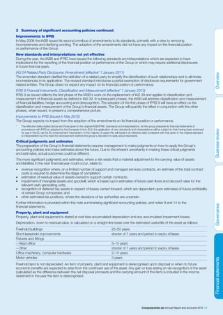 2 Summary of significant accounting policies continued
Improvements to IFRS
In May 2009 the IASB issued its second omnibus of amendments to its standards, primarily with a view to removing
inconsistencies and clarifying wording. The adoption of the amendments did not have any impact on the financial position
or performance of the Group.
New standards and interpretations not yet effective
During the year, the IASB and IFRIC have issued the following standards and interpretations which are expected to have
implications for the reporting of the financial position or performance of the Group or which may require additional disclosures
in future financial years.
IAS 24 Related Party Disclosures (Amendment) (effective* 1 January 2011)
The amended standard clarified the definition of a related party to simplify the identification of such relationships and to eliminate
inconsistencies in its application. The revised standard introduces a partial exemption of disclosure requirements for government
related entities. The Group does not expect any impact on its financial position or performance.
IFRS 9 Financial Instruments: Classification and Measurement (effective* 1 January 2013)
IFRS 9 as issued reflects the first phase of the IASB’s work on the replacement of IAS 39 and applies to classification and
measurement of financial assets as defined in IAS 39. In subsequent phases, the IASB will address classification and measurement
of financial liabilities, hedge accounting and derecognition. The adoption of the first phase of IFRS 9 will have an effect on the
classification and measurement of the Group’s financial assets. The Group will quantify the effect in conjunction with the other
phases, when issued, to present a comprehensive picture.
Improvements to IFRS (issued in May 2010)
The Group expects no impact from the adoption of the amendments on its financial position or performance.
*   The effective dates stated above are those given in the original IASB/IFRIC standards and interpretations. As the group prepares its financial statements in
    accordance with IFRS as adopted by the European Union (EU), the application of new standards and interpretations will be subject to their having been endorsed
    for use in the EU via the EU endorsement mechanism. In the majority of cases this will result in an effective date consistent with that given in the original standard
    or interpretation but the need for endorsement restricts the group’s discretion to early adopt standards.

Critical judgments and estimates
The preparation of the Group’s financial statements requires management to make judgments on how to apply the Group’s
accounting policies and make estimates about the future. Due to the inherent uncertainty in making these critical judgments
and estimates, actual outcomes could be different.
The more significant judgments and estimates, where a risk exists that a material adjustment to the carrying value of assets
and liabilities in the next financial year could occur, relate to:
•   revenue recognition where, on a limited number of support and managed services contracts, an estimate of the total contract
    costs is required to determine the stage of completion;
•   estimation of residual value of assets owned to support certain contracts;
•   impairment of intangible assets and goodwill, which is based upon estimates of future cash flows and discount rates for the
    relevant cash-generating units;
•   recognition of deferred tax assets in respect of losses carried forward, which are dependent upon estimates of future profitability
    of certain Group companies; and
•   other estimated tax positions, where the decisions of tax authorities are uncertain.
Further information is provided within this note summarising significant accounting policies, and notes 9 and 14 to the
financial statements.
Property, plant and equipment
Property, plant and equipment is stated at cost less accumulated depreciation and any accumulated impairment losses.
Depreciation, down to residual value, is calculated on a straight-line basis over the estimated useful life of the asset as follows:
Freehold buildings                                                                    25–50 years
Short leasehold improvements                                                          shorter of 7 years and period to expiry of lease
Fixtures and fittings
– Head office                                                                         5–15 years
– Other                                                                               shorter of 7 years and period to expiry of lease
Office machinery, computer hardware                                                   2–15 years
Motor vehicles                                                                        3 years
Freehold land is not depreciated. An item of property, plant and equipment is derecognised upon disposal or when no future
economic benefits are expected to arise from the continued use of the asset. Any gain or loss arising on de-recognition of the asset
(calculated as the difference between the net disposal proceeds and the carrying amount of the item) is included in the income
statement in the year the item is derecognised.




                                                                                                                 Computacenter plc Annual Report and Accounts 2010 53
 