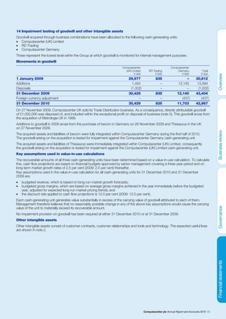 14 Impairment testing of goodwill and other intangible assets
Goodwill acquired through business combinations have been allocated to the following cash-generating units:
• Computacenter (UK) Limited
• RD Trading
• Computacenter Germany
These represent the lowest level within the Group at which goodwill is monitored for internal management purposes.
Movements in goodwill
                                                                        Computacenter                         Computacenter
                                                                          (UK) Limited       RD Trading           Germany             Total
                                                                                £’000             £’000              £’000           £’000
1 January 2009                                                               29,977               835                    –       30,812
Additions                                                                      1,454                –               12,140        13,594
Disposals                                                                     (1,002)               –                    –         (1,002)
31 December 2009                                                             30,429               835              12,140        43,404
Foreign currency adjustment                                                        –                –                 (437)          (437)
31 December 2010                                                             30,429               835              11,703        42,967
On 27 November 2009, Computacenter UK sold its Trade Distribution business. As a consequence, directly attributable goodwill
of £1,002,000 was disposed of, and included within the exceptional profit on disposal of business (note 5). This goodwill arose from
the acquisition of Metrologie UK in 1999.
Additions to goodwill in 2009 arose from the purchase of becom in Germany on 26 November 2009 and Thesaurus in the UK
on 27 November 2009.
The acquired assets and liabilities of becom were fully integrated within Computacenter Germany during the first half of 2010.
The goodwill arising on the acquisition is tested for impairment against the Computacenter Germany cash-generating unit.
The acquired assets and liabilities of Thesaurus were immediately integrated within Computacenter (UK) Limited, consequently
the goodwill arising on the acquisition is tested for impairment against the Computacenter (UK) Limited cash-generating unit.
Key assumptions used in value-in-use calculations
The recoverable amounts of all three cash-generating units have been determined based on a value-in-use calculation. To calculate
this, cash flow projections are based on financial budgets approved by senior management covering a three-year period and on
long-term market growth rates of 2.5 per cent (2009: 2.5 per cent) thereafter.
Key assumptions used in the value-in-use calculation for all cash-generating units for 31 December 2010 and 31 December
2009 are:
•   budgeted revenue, which is based on long-run market growth forecasts;
•   budgeted gross margins, which are based on average gross margins achieved in the year immediately before the budgeted
    year, adjusted for expected long-run market pricing trends; and
•   the discount rate applied to cash flow projections is 12.0 per cent (2009: 12.0 per cent).
Each cash-generating unit generates value substantially in excess of the carrying value of goodwill attributed to each of them.
Management therefore believes that no reasonably possible change in any of the above key assumptions would cause the carrying
value of the unit to materially exceed its recoverable amount.
No impairment provision on goodwill has been required at either 31 December 2010 or at 31 December 2009.
Other intangible assets
Other intangible assets consist of customer contracts, customer relationships and tools and technology. The expected useful lives
are shown in note 2.




                                                                                         Computacenter plc Annual Report and Accounts 2010 69
 