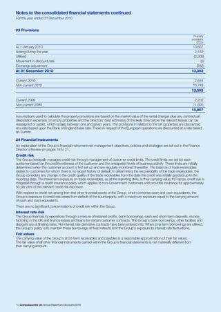 Notes to the consolidated financial statements continued
For the year ended 31 December 2010


23 Provisions
                                                                                                                                      Property
                                                                                                                                     provisions
                                                                                                                                         £’000
At 1 January 2010                                                                                                                     13,807
Arising during the year                                                                                                                 2,132
Utilised                                                                                                                               (2,309)
Movement in discount rate                                                                                                                   (5)
Exchange adjustment                                                                                                                      (232)
At 31 December 2010                                                                                                                  13,393

Current 2010                                                                                                                           2,644
Non-current 2010                                                                                                                      10,749
                                                                                                                                     13,393

Current 2009                                                                                                                           2,202
Non-current 2009                                                                                                                      11,605
                                                                                                                                     13,807
Assumptions used to calculate the property provisions are based on the market value of the rental charges plus any contractual
dilapidation expenses on empty properties and the Directors’ best estimates of the likely time before the relevant leases can be
reassigned or sublet, which ranges between one and seven years. The provisions in relation to the UK properties are discounted
at a rate based upon the Bank of England base rate. Those in respect of the European operations are discounted at a rate based
on Euribor.

24 Financial instruments
An explanation of the Group’s financial instrument risk management objectives, policies and strategies are set out in the Finance
Director’s Review on pages 18 to 21.
Credit risk
The Group principally manages credit risk through management of customer credit limits. The credit limits are set for each
customer based on the creditworthiness of the customer and the anticipated levels of business activity. These limits are initially
determined when the customer account is first set up and are regularly monitored thereafter. The balance of trade receivables
relates to customers for whom there is no recent history of default. In determining the recoverability of the trade receivables, the
Group considers any change in the credit quality of the trade receivables from the date the credit was initially granted up to the
reporting date. The maximum exposure on trade receivables, as at the reporting date, is their carrying value. In France, credit risk is
mitigated through a credit insurance policy which applies to non-Government customers and provides insurance for approximately
50 per cent of the relevant credit risk exposure.
With respect to credit risk arising from the other financial assets of the Group, which comprise cash and cash equivalents, the
Group’s exposure to credit risk arises from default of the counterparty, with a maximum exposure equal to the carrying amount
of cash and cash equivalents.
There are no significant concentrations of credit risk within the Group.
Interest rate risk
The Group finances its operations through a mixture of retained profits, bank borrowings, cash and short-term deposits, invoice
factoring in the UK and finance leases and loans for certain customer contracts. The Group’s bank borrowings, other facilities and
deposits are at floating rates. No interest rate derivative contracts have been entered into. When long-term borrowings are utilised,
the Group’s policy is to maintain these borrowings at fixed rates to limit the Group’s exposure to interest rate fluctuations.
Fair values
The carrying value of the Group’s short-term receivables and payables is a reasonable approximation of their fair values.
The fair value of all other financial instruments carried within the Group’s financial statements is not materially different from
their carrying amount.




76 Computacenter plc Annual Report and Accounts 2010
 