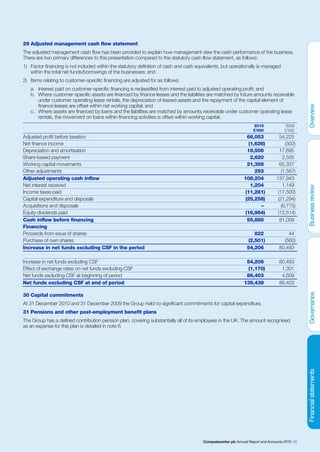 29 Adjusted management cash flow statement
The adjusted management cash flow has been provided to explain how management view the cash performance of the business.
There are two primary differences to this presentation compared to the statutory cash flow statement, as follows:
1) Factor financing is not included within the statutory definition of cash and cash equivalents, but operationally is managed
   within the total net funds/borrowings of the businesses; and
2) Items relating to customer-specific financing are adjusted for as follows:
   a. Interest paid on customer-specific financing is reclassified from interest paid to adjusted operating profit; and
   b. Where customer-specific assets are financed by finance leases and the liabilities are matched by future amounts receivable
      under customer operating lease rentals, the depreciation of leased assets and the repayment of the capital element of
      finance leases are offset within net working capital; and
   c. Where assets are financed by loans and the liabilities are matched by amounts receivable under customer operating lease
      rentals, the movement on loans within financing activities is offset within working capital.
                                                                                                                   2010             2009
                                                                                                                   £’000            £’000
Adjusted profit before taxation                                                                                 66,053            54,225
Net finance income                                                                                               (1,626)             (302)
Depreciation and amortisation                                                                                   19,506            17,695
Share-based payment                                                                                               2,620             2,555
Working capital movements                                                                                       21,358            65,337
Other adjustments                                                                                                   293            (1,567)
Adjusted operating cash inflow                                                                                108,204           137,943
Net interest received                                                                                             1,204             1,149
Income taxes paid                                                                                              (11,281)          (17,500)
Capital expenditure and disposals                                                                              (25,258)          (21,294)
Acquisitions and disposals                                                                                            –            (6,775)
Equity dividends paid                                                                                          (16,984)          (12,514)
Cash inflow before financing                                                                                    55,885            81,009
Financing
Proceeds from issue of shares                                                                                       822              44
Purchase of own shares                                                                                           (2,501)           (560)
Increase in net funds excluding CSF in the period                                                               54,206           80,493

Increase in net funds excluding CSF                                                                            54,206            80,493
Effect of exchange rates on net funds excluding CSF                                                             (1,170)           1,301
Net funds excluding CSF at beginning of period                                                                 86,403             4,609
Net funds excluding CSF at end of period                                                                      139,439            86,403

30 Capital commitments
At 31 December 2010 and 31 December 2009 the Group held no significant commitments for capital expenditure.
31 Pensions and other post-employment benefit plans
The Group has a defined contribution pension plan, covering substantially all of its employees in the UK. The amount recognised
as an expense for this plan is detailed in note 6.




                                                                                        Computacenter plc Annual Report and Accounts 2010 85
 