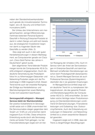 21




neben den Standardnetzwerkprodukten                Umsatzanteile im Produktportfolio
auch gerade die innovationsstarken Techno-
logien, wie z.B. Security und Unified Com-         70%
munications (VoIP).
                                                   60%
    Der Umbau des Unternehmens vom mar-
                                                   50%
genschwachen, wenige Differenzierungs-
merkmale bietenden Personal-Systems-               40%
Geschäft in Richtung Enterprise-Produkte ist
                                                   30%
damit in vollem Gange und zahlt sich bereits
aus; die strategischen Investitionen begin-        20%

nen damit zu tragenden Säulen des                  10%
Geschäfts zu werden (Abb. 2).
                                                    0%
     Dies zeigt sich auch in den sehr guten                  2005              2006
                                                                        Jahr
Herstellerbeziehungen in diesem Marktseg-                Personal Systems      Enterprise
ment, wo Computacenter gerade von Cisco
                                                Abb. 2
zum „Cisco Gold Partner des Jahres in
Deutschland“ gekürt wurde.                      ner Rückgang der Umsätze (-5%). Auch im
    Dem allgemeinen Trend fallender Produkt-    Service nahm der Anteil der Serviceleistun-
margen konnte die Computacenter AG & Co.        gen im Enterprise-Geschäft und damit bei
oHG erfolgreich entgegenwirken. Durch die       Mehrwert schaffenden Dienstleistungen wie
deutliche Verschiebung des Produktport-         schon beim Produktgeschäft überproportio-
folios hin zu höhermargigen Datacenter- und     nal zu. Sowohl Managed Services als auch
Networking-Produkten zeigte sich die Pro-       Professional Services (Systemintegration)
duktmarge in 2006 insgesamt erholt. Diesen      übertrafen die in sie gesetzten Erwartungen.
Trend konnte auch der erwartete Rückgang            Im Managed-Service-Umfeld zeigt sich
der Erträge aus Herstellerbonus- und            ein deutlicher Trend hin zu komplexeren Ver-
Wachstumsprogrammen sowie Marketing             tragsstrukturen, die das gesamte Produkt-
Funds nicht wesentlich beeinflussen.            und Dienstleistungsportfolio der Computa-
                                                center AG & Co. oHG einschließen. So bein-
Servicegeschäft erfolgreich – Managed           halten solche Verträge neben Produktversor-
Services bleibt der Wachstumstreiber            gung und Standarddienstleistungen zuneh-
Der positive Aufwärtstrend im Servicege-        mend On-Demand-Lösungen, Finanzdienst-
schäft setzte sich in 2006 unvermindert fort.   leistungen und Outtasking- bzw. Outsour-
Die Serviceumsätze stiegen gegenüber dem        cing-Elemente. Auch die Einbeziehung von
Vorjahr um 12,6% an und erreichten damit        Leistungen im Datacenter- und Networking-
insgesamt Euro 413 Mio. Diese erfreuliche       Umfeld ist zu einem wesentlichen Bestand-
Entwicklung wurde durch alle Serviceseg-        teil geworden.
mente auf breiter Front getragen, nur bei           Insgesamt zeigte sich in 2006, dass der
Finanzdienstleistungen ergab sich ein klei-     Trend zu längerfristigen Beauftragungen
 