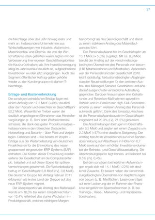 27

die Nachfrage über das Jahr hinweg mehr und
mehr an. Insbesondere Unternehmen aus
W
­ irtschaftszweigen wie Industrie, Automotive,
Maschinenbau und Chemie, die von der Wirtschaftskrise stark getroffen waren, legten mit der
Verbesserung ihrer eigenen Geschäftsergebnisse
die Kaufzurückhaltung ab. Ihre Investitionsneigung
stieg im Jahresverlauf deutlich an, aufgeschobene
Investitionen wurden jetzt angegangen. Auch das
Segment öffentlicher Auftrag-geber gehörte
w
­ ieder zu der Kundengruppe mit starker IT-­
Nachfrage.

Ertrags- und Kostenentwicklung
Die sonstigen betrieblichen Erträge lagen mit
e
­ inem Anstieg von 17,2 Mio€ (+49%) deutlich
über dem Vorjahr und erreichten im Geschäftsjahr
52,2 Mio€. Wesentlicher Treiber waren die
d
­ eutlich angestiegenen Einnahmen aus Herstellervergütungen (z. B. Boni oder Werbekostenzuschüsse), die dank des guten Produktumsatzes –
insbesondere in den Bereichen Datacenter,
N
­ etworking und Security – über Plan und Vorjahr
lagen. Daneben sind – wie bereits im Vorjahr –
E
­ rträge aus der Weiterbelastung von deutschen
Projektkosten für die Entwicklung des neuen
gruppenweit eingesetzten ERP-Systems (SAP)
enthalten. Die Kosten dieser Entwicklung werden
seitens der Gesellschaft an die Computacenter
plc. belastet und auf dieser Ebene für spätere
Verrechnungen gesammelt. Die Weiterbelastung
betrug im Geschäftsjahr 6,8 Mio€ (i.Vj. 3,8 Mio€).
Die deutsche Gruppe hat Anfang Februar 2011
erfolgreich als erstes Land der Gruppe auf das
neue ERP-System migriert.
Der überproportionale Anstieg des Materialaufwands um 16,0% bei einem Umsatzwachstum
von 12,4% reflektiert das starke Wachstum im
Produktgeschäft, welches niedrigere Margen

h
­ ervorbringt als das Servicegeschäft und damit
zu ­ inem stärkeren Anstieg des Materialauf­
e
wandes führt.
Der Personalaufwand hat im Geschäftsjahr um
13,1 Mio€ (+ 5,8%) zugelegt. Mit ca. 8,9 Mio€
b
­ eruht der Anstieg auf der verschmelzungs­
bedingten Übernahme des Personals von becom
(116 Mitarbeiterinnen und Mitarbeiter). Ansonsten
war der Personalstand der Gesellschaft 2010
leicht rückläufig; fluktuationsbedingten Abgängen
standen Neueinstellungen für den weiteren Ausbau des Managed-Services-Geschäftes und eine
darauf ausgerichtete vertriebliche Aufstellung
g
­ egenüber. Darüber hinaus haben eine Gehaltsrunde und Retention-Maßnahmen speziell im
V
­ ertrieb und im Bereich der High-Skill-Servicemitarbeiter zu einem weiteren Anstieg des Personalaufwands geführt. Dank des Umsatzzuwachses
ist die Personalaufwandsquote im Geschäftsjahr
insgesamt auf 20,3% (i.Vj. 21,5%) gesunken.
Die Abschreibungen betrugen im Geschäftsjahr 6,3 Mio€ und zeigten mit einem Zuwachs um
2,3 Mio€ (+57%) eine deutliche Steigerung. Der
Anstieg beruht im Wesentlichen auf einer Sonderabschreibung auf Altsoftware in Höhe von 0,7
Mio€ sowie auf dem erhöhten Investitions­ olumen
v
bei der Betriebs- und Geschäftsausstattung. Die
Abschreibungsquote liegt nahezu unverändert bei
0,5% (i.Vj. 0,4%).
Bei den sonstigen betrieblichen Aufwendungen ergab sich mit 14,1 Mio€ (+22%) ein deut­
licher Zuwachs. Er basiert neben der verschmelzungsbedingten Übernahme von Verpflichtungen
von becom (z. B. Mietflächen, Leasingverträge)
auf einer Lockerung der im Rahmen der Finanz­
krise eingeführten Sparmaßnahmen (z. B. bei
T
­ rainings-, Reise-, Marketing- und Repräsen­­
ta­
tionskosten).

 