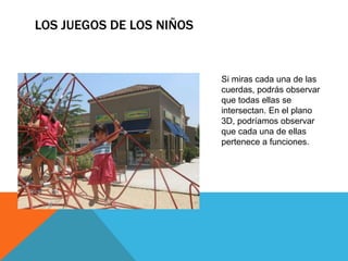 LOS JUEGOS DE LOS NIÑOS
Si miras cada una de las
cuerdas, podrás observar
que todas ellas se
intersectan. En el plano
3D, podríamos observar
que cada una de ellas
pertenece a funciones.
 
