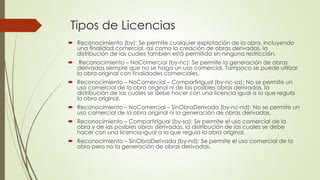 Tipos de Licencias
 Reconocimiento (by): Se permite cualquier explotación de la obra, incluyendo
una finalidad comercial, así como la creación de obras derivadas, la
distribución de las cuales también está permitida sin ninguna restricción.
 Reconocimiento – NoComercial (by-nc): Se permite la generación de obras
derivadas siempre que no se haga un uso comercial. Tampoco se puede utilizar
la obra original con finalidades comerciales.
 Reconocimiento – NoComercial – CompartirIgual (by-nc-sa): No se permite un
uso comercial de la obra original ni de las posibles obras derivadas, la
distribución de las cuales se debe hacer con una licencia igual a la que regula
la obra original.
 Reconocimiento – NoComercial – SinObraDerivada (by-nc-nd): No se permite un
uso comercial de la obra original ni la generación de obras derivadas.
 Reconocimiento – CompartirIgual (by-sa): Se permite el uso comercial de la
obra y de las posibles obras derivadas, la distribución de las cuales se debe
hacer con una licencia igual a la que regula la obra original.
 Reconocimiento – SinObraDerivada (by-nd): Se permite el uso comercial de la
obra pero no la generación de obras derivadas.
 