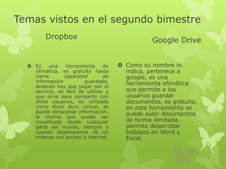 Temas vistos en el segundo bimestre
Dropbox
Es una herramienta de
ofimática, es gratuito hasta
cierta capacidad de
información guardada,
después hay que pagar por el
servicio, es fácil de utilizar y
que sirve para compartir con
otros usuarios, es utilizada
como disco duro virtual, se
puede almacenar información,
la misma que puede ser
visualizada desde cualquier
parte del mundo, siempre y
cuando dispongamos de un
ordenar con acceso a internet.
Google Drive
Como su nombre lo
indica, pertenece a
google, es una
herramienta ofimática
que permite a los
usuarios guardar
documentos, es gratuita,
en esta herramienta se
puede subir documentos
de forma ilimitada,
permite desarrollar
trabajos en Word y
Excel.