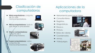 Clasificación de
computadoras
 Minicomputadoras: conjunto
de 3 o más
microcomputadoras.
 Microcomputadoras: todo lo
que tiene un procesador.
 Macro computadoras:
conjunto de 3
minicomputadoras.
 Supercomputadoras: varios
conjuntos de
macrocomputadoras.
Aplicaciones de la
computadora
 Herramienta para hacer tarea.
 Consultar libros.
 Registros.
 Diagnósticos.
 Rayos x.
 Pintura.
 Bolsa de valores.
 Coordenadas.
 Armas.
 Videojuegos.
 