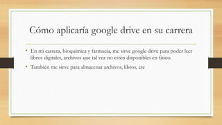 Cómo aplicaría google drive en su carrera
• En mi carrera, bioquímica y farmacia, me sirve google drive para poder leer
libros digitales, archivos que tal vez no estén disponibles en físico.
• También me sirve para almacenar archivos, libros, etc