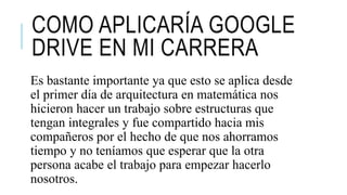 COMO APLICARÍA GOOGLE
DRIVE EN MI CARRERA
Es bastante importante ya que esto se aplica desde
el primer día de arquitectura en matemática nos
hicieron hacer un trabajo sobre estructuras que
tengan integrales y fue compartido hacia mis
compañeros por el hecho de que nos ahorramos
tiempo y no teníamos que esperar que la otra
persona acabe el trabajo para empezar hacerlo
nosotros.
 