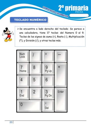 23
FECHA
TECLADO NUMÉRICO
Se encuentra a lado derecho del teclado; Se parece a
una calculadora, tiene 17 teclas: del Numero 0 al 9;
Teclas de los signos de suma (+), Resta (-), Multiplicación
(*), y División (/), y otras teclas más.
 