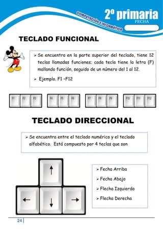24
FECHA
TECLADO FUNCIONAL
 Se encuentra entre el teclado numérico y el teclado
alfabético. Está compuesto por 4 teclas que son
 Fecha Arriba
 Fecha Abajo
 Flecha Izquierda
 Flecha Derecha
TECLADO DIRECCIONAL
 Se encuentra en la parte superior del teclado, tiene 12
teclas llamadas funciones; cada tecla tiene la letra (F)
mallando función, seguido de un número del 1 al 12.
 Ejemplo. F1 –F12
 