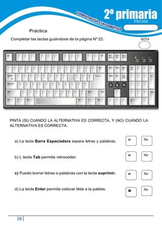 26
FECHA
Práctica
Completar las teclas guiándose de la página Nº 22. NOTA
PINTA (SI) CUANDO LA ALTERNATIVA ES CORRECTA, Y (NO) CUANDO LA
ALTERNATIVA ES CORRECTA.
a) La tecla Barra Espaciadora separa letras y palabras.
b) L tecla Tab permite retroceder.
c) Puedo borrar letras o palabras con la tecla suprimir.
d) La tecla Enter permite colocar tilde a la pablas.
si No
si No
si No
s
Sii No
 