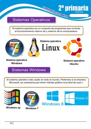 34
FECHA
Sistemas Operativos
Sistema operativo
El sistema operativo más usado en todo el mundo. Pertenece a la empresa
Microsoft, se caracteriza por tener interfaz gráfico muy fácil de usar v
Sistema operativo
Windows
Sistema operativo
Ubuntu
Windows xp Windows 7
Sistemas Windows
El sistema operativo es un conjunto de programas que controla
el funcionamiento interno de y externo de la computadora
 
