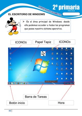 40
FECHA
EL ESCRITORIO DE WINDOWS
 Es el área principal de Windows; desde
ella podemos acceder a todos los programas
que posee nuestro sistema operativo.
Botón inicio Hora
Barra de Tareas
ICONOS ICONOS
Papel Tapiz
 