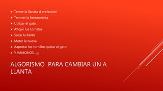 ALGORISMO PARA CAMBIAR UN A
LLANTA
 Temer la llanata d erefaccion
 Tenmer la herramienta
 Utilizar el gato
 Aflojar los tornillos
 Sacar la llanta
 Meter la nueva
 Aapretar los tornillos quitar el gato
 Y VAMONOS…¡¡¡
 