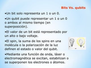 Bits Vs. qubits Un bit solo representa un 1 o un 0. Un qubit puede representar un 1 o un 0 o ambos al mismo tiempo (en superposición). El valor de un bit está representado por un alto o bajo voltaje. El spin, la suma de los spins en una molécula o la polarización de la luz definen el estado o valor del qubit. Mediante una función de onda, láser o electromagnética se excitan, estabilizan o se superponen los electrones o átomos. 