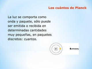 Los cuántos de Planck La luz se comporta como onda y paquete, sólo puede ser emitida o recibida en determinadas cantidades muy pequeñas, en paquetes discretos: cuantos. 