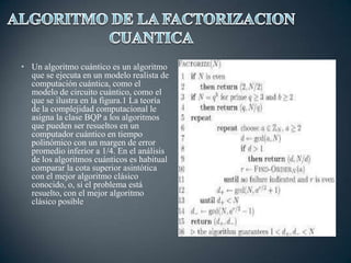 • Un algoritmo cuántico es un algoritmo
que se ejecuta en un modelo realista de
computación cuántica, como el
modelo de circuito cuántico, como el
que se ilustra en la figura.1 La teoría
de la complejidad computacional le
asigna la clase BQP a los algoritmos
que pueden ser resueltos en un
computador cuántico en tiempo
polinómico con un margen de error
promedio inferior a 1/4. En el análisis
de los algoritmos cuánticos es habitual
comparar la cota superior asintótica
con el mejor algoritmo clásico
conocido, o, si el problema está
resuelto, con el mejor algoritmo
clásico posible

 