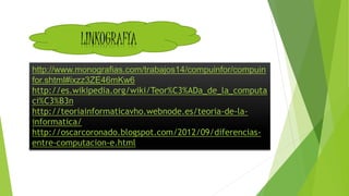 http://www.monografias.com/trabajos14/compuinfor/compuin
for.shtml#ixzz3ZE46mKw6
http://es.wikipedia.org/wiki/Teor%C3%ADa_de_la_computa
ci%C3%B3n
http://teoriainformaticavho.webnode.es/teoria-de-la-
informatica/
http://oscarcoronado.blogspot.com/2012/09/diferencias-
entre-computacion-e.html
LINKOGRAFÍA
 