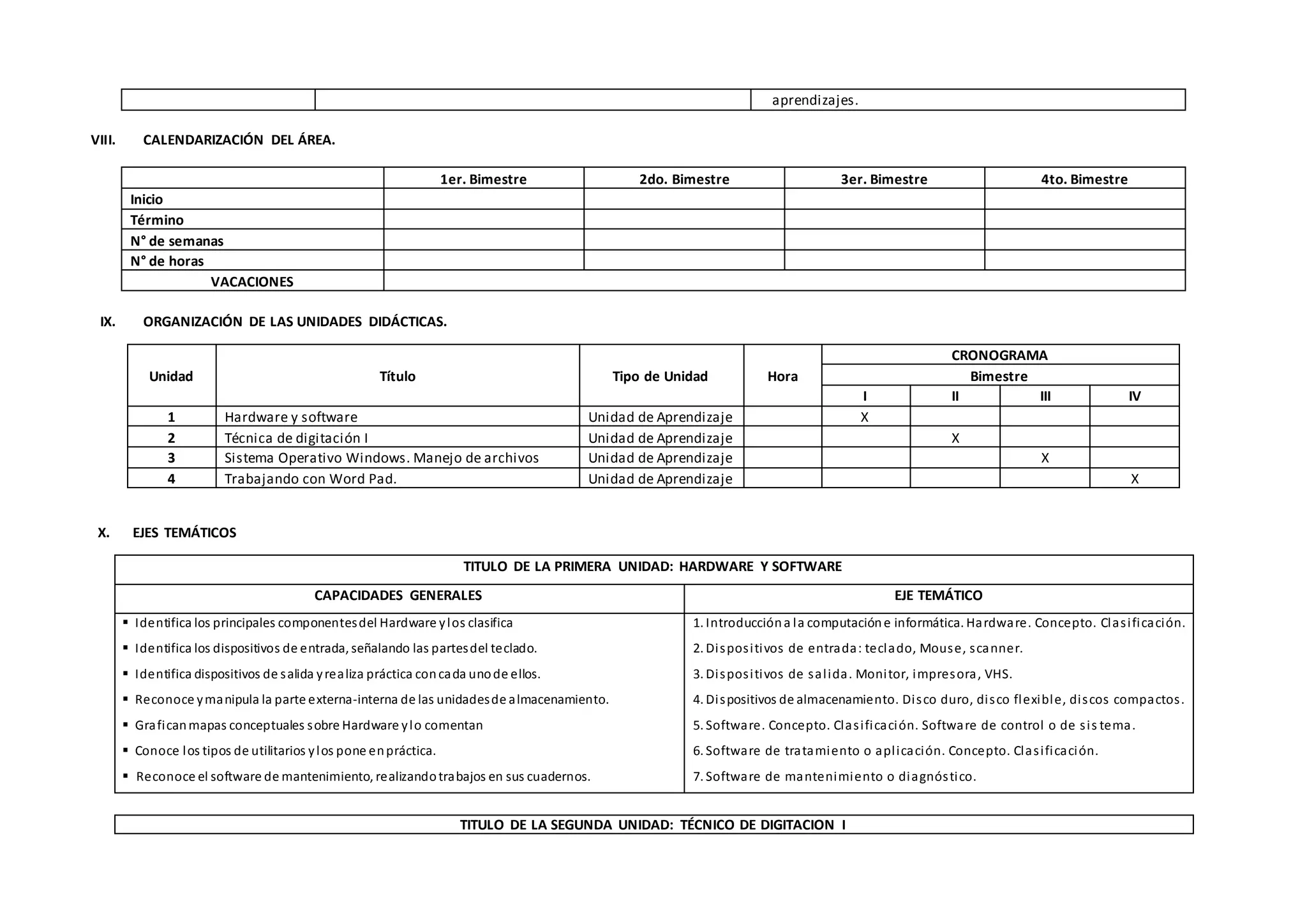 aprendizajes.
VIII. CALENDARIZACIÓN DEL ÁREA.
1er. Bimestre 2do. Bimestre 3er. Bimestre 4to. Bimestre
Inicio
Término
N° de semanas
N° de horas
VACACIONES
IX. ORGANIZACIÓN DE LAS UNIDADES DIDÁCTICAS.
Unidad Título Tipo de Unidad Hora
CRONOGRAMA
Bimestre
I II III IV
1 Hardware y software Unidad de Aprendizaje X
2 Técnica de digitación I Unidad de Aprendizaje X
3 Sistema Operativo Windows. Manejo de archivos Unidad de Aprendizaje X
4 Trabajando con Word Pad. Unidad de Aprendizaje X
X. EJES TEMÁTICOS
TITULO DE LA PRIMERA UNIDAD: HARDWARE Y SOFTWARE
CAPACIDADES GENERALES EJE TEMÁTICO
 Identifica los principales componentesdel Hardware ylos clasifica
 Identifica los dispositivos de entrada, señalando las partesdel teclado.
 Identifica dispositivos de salida yrealiza práctica concada unode ellos.
 Reconoce ymanipula la parte externa-interna de las unidadesde almacenamiento.
 Graficanmapas conceptuales sobre Hardware ylo comentan
 Conoce los tipos de utilitarios ylos pone enpráctica.
 Reconoce el software de mantenimiento, realizandotrabajos en sus cuadernos.
1. Introduccióna la computacióne informática. Hardware. Concepto. Clasificación.
2. Dispositivos de entrada: teclado, Mouse, scanner.
3. Dispositivos de salida. Monitor, impresora, VHS.
4. Dispositivos de almacenamiento. Disco duro, disco flexible, discos compactos.
5. Software. Concepto. Clasificación. Software de control o de sis tema.
6. Software de tratamiento o aplicación. Concepto. Clasificación.
7. Software de mantenimiento o diagnóstico.
TITULO DE LA SEGUNDA UNIDAD: TÉCNICO DE DIGITACION I
 