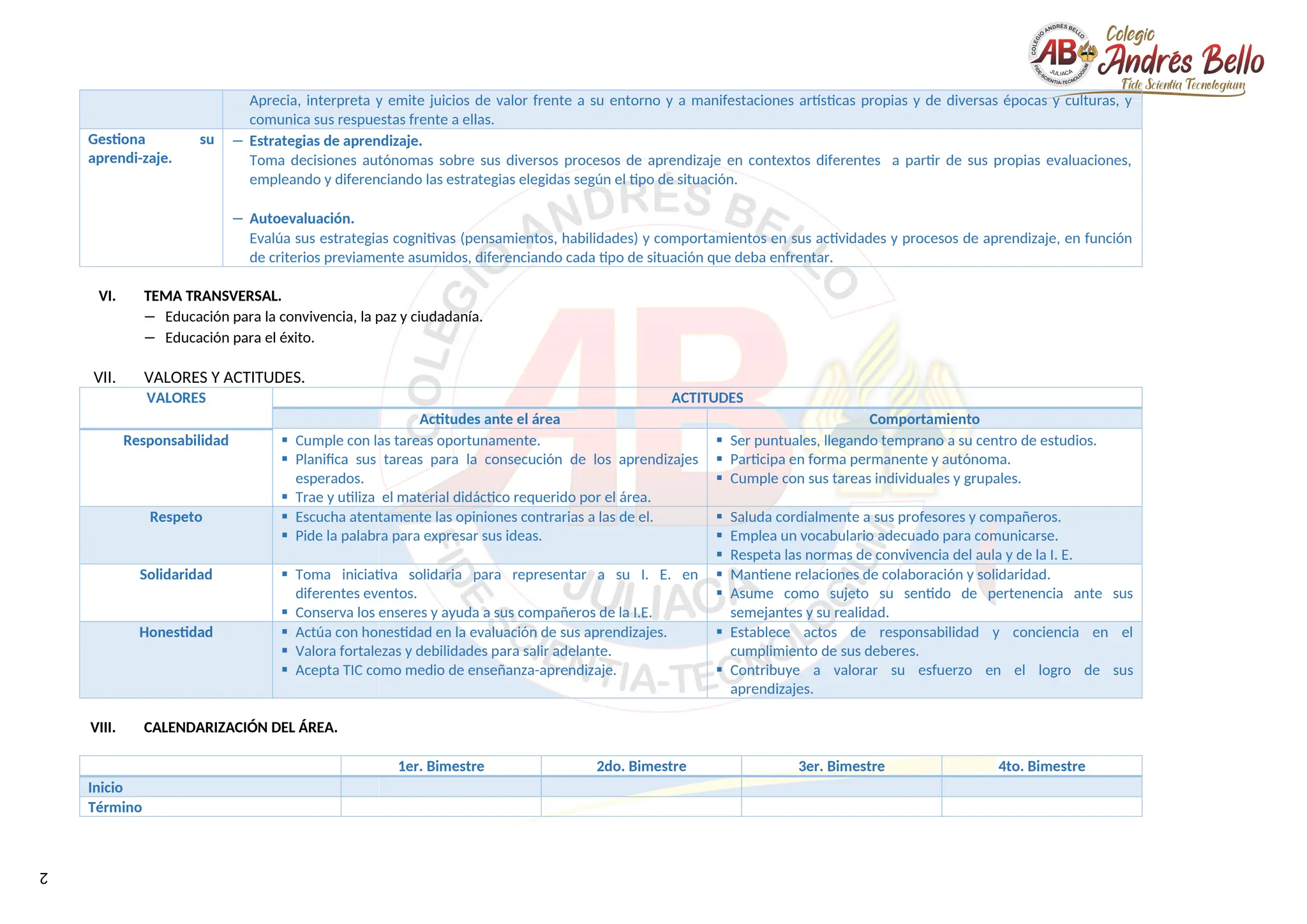 2
Aprecia, interpreta y emite juicios de valor frente a su entorno y a manifestaciones artísticas propias y de diversas épocas y culturas, y
comunica sus respuestas frente a ellas.
Gestiona su
aprendi-zaje.
− Estrategias de aprendizaje.
Toma decisiones autónomas sobre sus diversos procesos de aprendizaje en contextos diferentes a partir de sus propias evaluaciones,
empleando y diferenciando las estrategias elegidas según el tipo de situación.
− Autoevaluación.
Evalúa sus estrategias cognitivas (pensamientos, habilidades) y comportamientos en sus actividades y procesos de aprendizaje, en función
de criterios previamente asumidos, diferenciando cada tipo de situación que deba enfrentar.
VI. TEMA TRANSVERSAL.
− Educación para la convivencia, la paz y ciudadanía.
− Educación para el éxito.
VII. VALORES Y ACTITUDES.
VALORES ACTITUDES
Actitudes ante el área Comportamiento
Responsabilidad  Cumple con las tareas oportunamente.
 Planifica sus tareas para la consecución de los aprendizajes
esperados.
 Trae y utiliza el material didáctico requerido por el área.
 Ser puntuales, llegando temprano a su centro de estudios.
 Participa en forma permanente y autónoma.
 Cumple con sus tareas individuales y grupales.
Respeto  Escucha atentamente las opiniones contrarias a las de el.
 Pide la palabra para expresar sus ideas.
 Saluda cordialmente a sus profesores y compañeros.
 Emplea un vocabulario adecuado para comunicarse.
 Respeta las normas de convivencia del aula y de la I. E.
Solidaridad  Toma iniciativa solidaria para representar a su I. E. en
diferentes eventos.
 Conserva los enseres y ayuda a sus compañeros de la I.E.
 Mantiene relaciones de colaboración y solidaridad.
 Asume como sujeto su sentido de pertenencia ante sus
semejantes y su realidad.
Honestidad  Actúa con honestidad en la evaluación de sus aprendizajes.
 Valora fortalezas y debilidades para salir adelante.
 Acepta TIC como medio de enseñanza-aprendizaje.
 Establece actos de responsabilidad y conciencia en el
cumplimiento de sus deberes.
 Contribuye a valorar su esfuerzo en el logro de sus
aprendizajes.
VIII. CALENDARIZACIÓN DEL ÁREA.
1er. Bimestre 2do. Bimestre 3er. Bimestre 4to. Bimestre
Inicio
Término
 