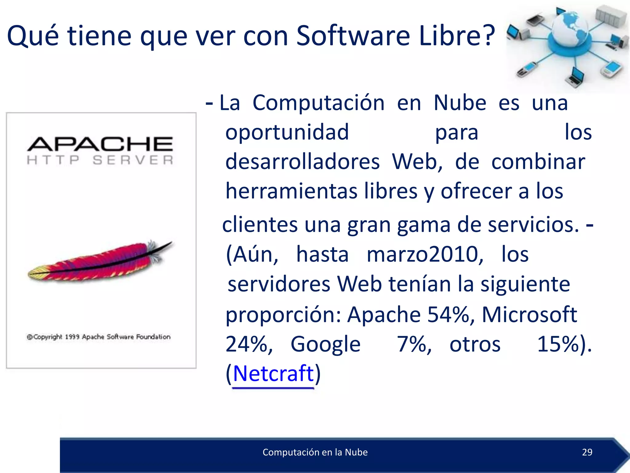 Qué tiene que ver con Software Libre?

               - La Computación en Nube es una
                  oportunidad          para           los
                  desarrolladores Web, de combinar
                  herramientas libres y ofrecer a los
                 clientes una gran gama de servicios. -
                  (Aún, hasta marzo2010, los
                  servidores Web tenían la siguiente
                  proporción: Apache 54%, Microsoft
                  24%, Google 7%, otros 15%).
                  (Netcraft)


                     Computación en la Nube            29
 