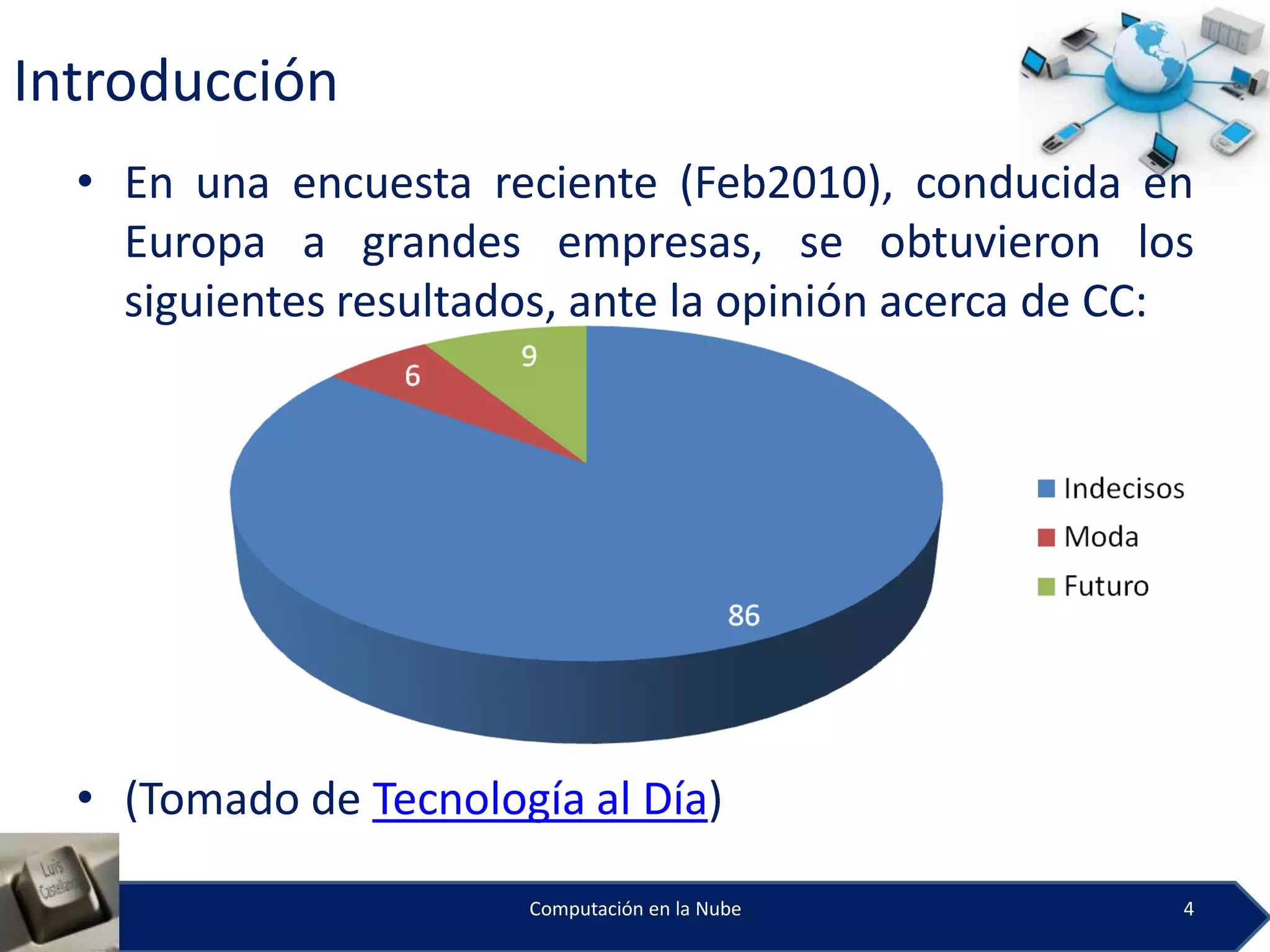 Introducción
  • En una encuesta reciente (Feb2010), conducida en
    Europa a grandes empresas, se obtuvieron los
    siguientes resultados, ante la opinión acerca de CC:




  • (Tomado de Tecnología al Día)

                       Computación en la Nube          4
 