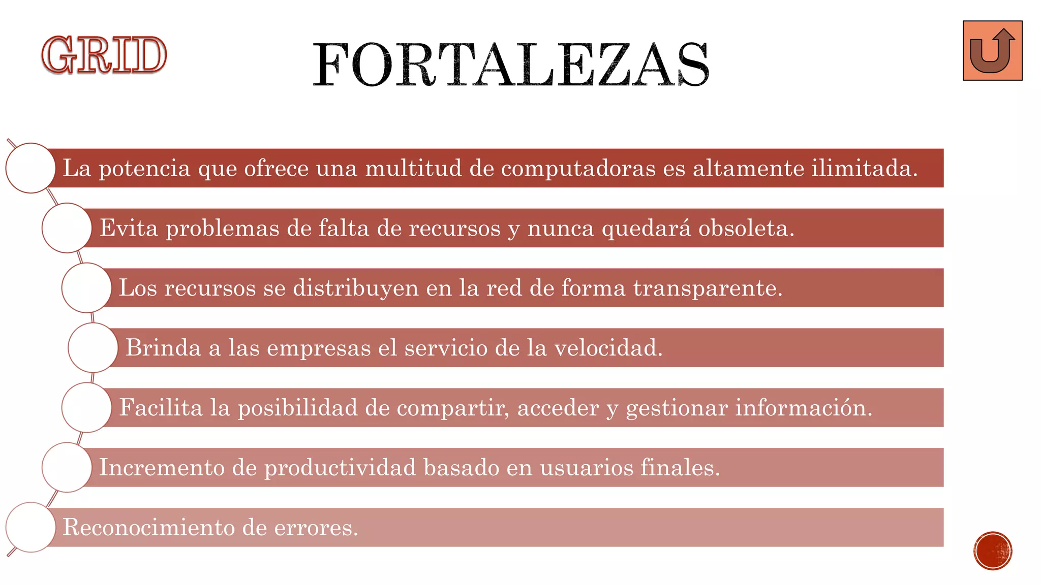 La potencia que ofrece una multitud de computadoras es altamente ilimitada.
Evita problemas de falta de recursos y nunca quedará obsoleta.
Los recursos se distribuyen en la red de forma transparente.
Brinda a las empresas el servicio de la velocidad.
Facilita la posibilidad de compartir, acceder y gestionar información.
Incremento de productividad basado en usuarios finales.
Reconocimiento de errores.
 