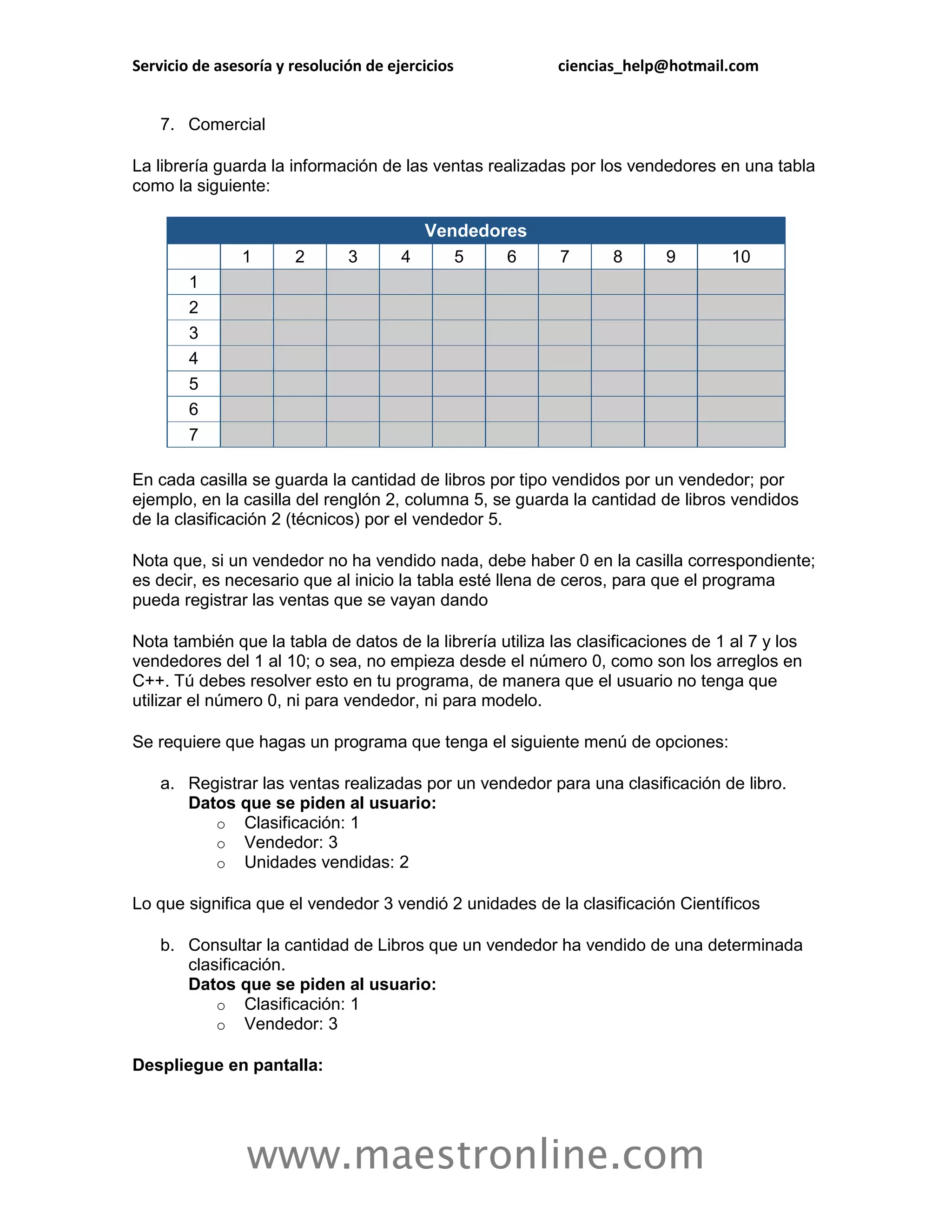Servicio de asesoría y resolución de ejercicios            ciencias_help@hotmail.com


    7. Comercial

La librería guarda la información de las ventas realizadas por los vendedores en una tabla
como la siguiente:

                                         Vendedores
                1      2       3       4    5    6         7      8       9        10
        1
        2
        3
        4
        5
        6
        7

En cada casilla se guarda la cantidad de libros por tipo vendidos por un vendedor; por
ejemplo, en la casilla del renglón 2, columna 5, se guarda la cantidad de libros vendidos
de la clasificación 2 (técnicos) por el vendedor 5.

Nota que, si un vendedor no ha vendido nada, debe haber 0 en la casilla correspondiente;
es decir, es necesario que al inicio la tabla esté llena de ceros, para que el programa
pueda registrar las ventas que se vayan dando

Nota también que la tabla de datos de la librería utiliza las clasificaciones de 1 al 7 y los
vendedores del 1 al 10; o sea, no empieza desde el número 0, como son los arreglos en
C++. Tú debes resolver esto en tu programa, de manera que el usuario no tenga que
utilizar el número 0, ni para vendedor, ni para modelo.

Se requiere que hagas un programa que tenga el siguiente menú de opciones:

    a. Registrar las ventas realizadas por un vendedor para una clasificación de libro.
       Datos que se piden al usuario:
          o Clasificación: 1
          o Vendedor: 3
          o Unidades vendidas: 2

Lo que significa que el vendedor 3 vendió 2 unidades de la clasificación Científicos

    b. Consultar la cantidad de Libros que un vendedor ha vendido de una determinada
       clasificación.
       Datos que se piden al usuario:
           o Clasificación: 1
           o Vendedor: 3

Despliegue en pantalla:




                www.maestronline.com
 