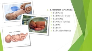  3.2 CUIDADOS ESPECÍFICOS:
 3.2.1 Mucosa
 3.2.2 Piernas y brazos
 3.2.3 Pechos
 3.2.4 Flujos vaginales
 3.2.5 Piel
 3.2.6 Baño
 3.2.7 Cordón Umbilical
 