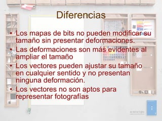 Diferencias Los mapas de bits no pueden modificar su tamaño sin presentar deformaciones. Las deformaciones son más evidentes al ampliar el tamaño Los vectores pueden ajustar su tamaño en cualquier sentido y no presentan ninguna deformación. Los vectores no son aptos para representar fotografías 