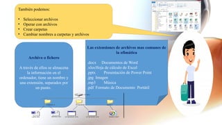 También podemos:
• Seleccionar archivos
• Operar con archivos
• Crear carpetas
• Cambiar nombres a carpetas y archivos
Archivo o fichero
A través de ellos se almacena
la información en el
ordenador, tiene un nombre y
una extensión, separados por
un punto.
Las extensiones de archivos mas comunes de
la ofimática
.docx Documentos de Word
.xlsxHoja de cálculo de Excel
.pptx Presentación de Power Point
.jpg Imagen
.mp3 Música
.pdf Formato de Documento Portátil
 