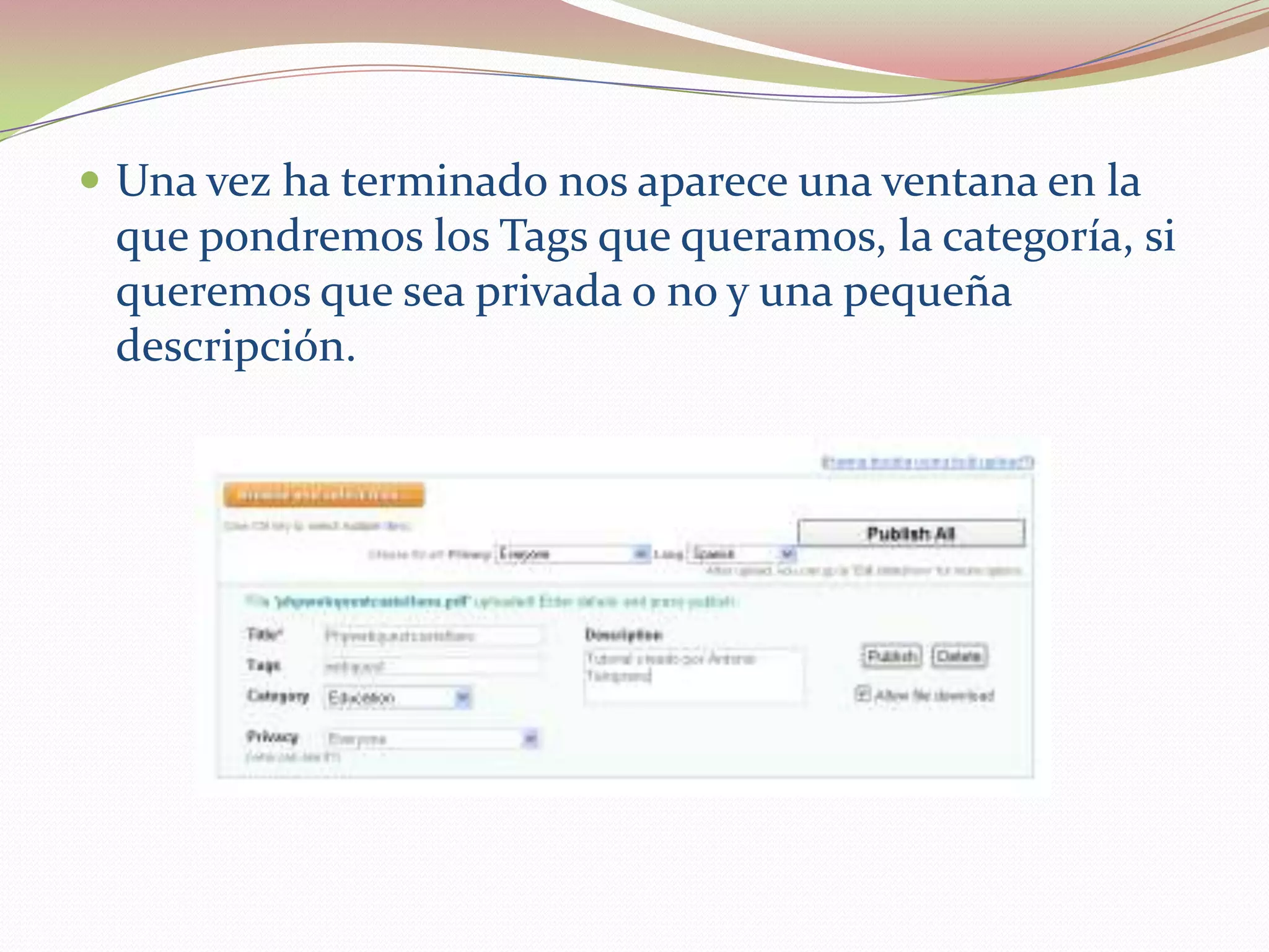  Una vez ha terminado nos aparece una ventana en la
 que pondremos los Tags que queramos, la categoría, si
 queremos que sea privada o no y una pequeña
 descripción.
 