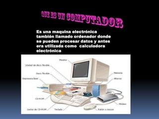 Es una maquina electrónica
también llamado ordenador donde
se pueden procesar datos y antes
era utilizada como calculadora
electrónica
 