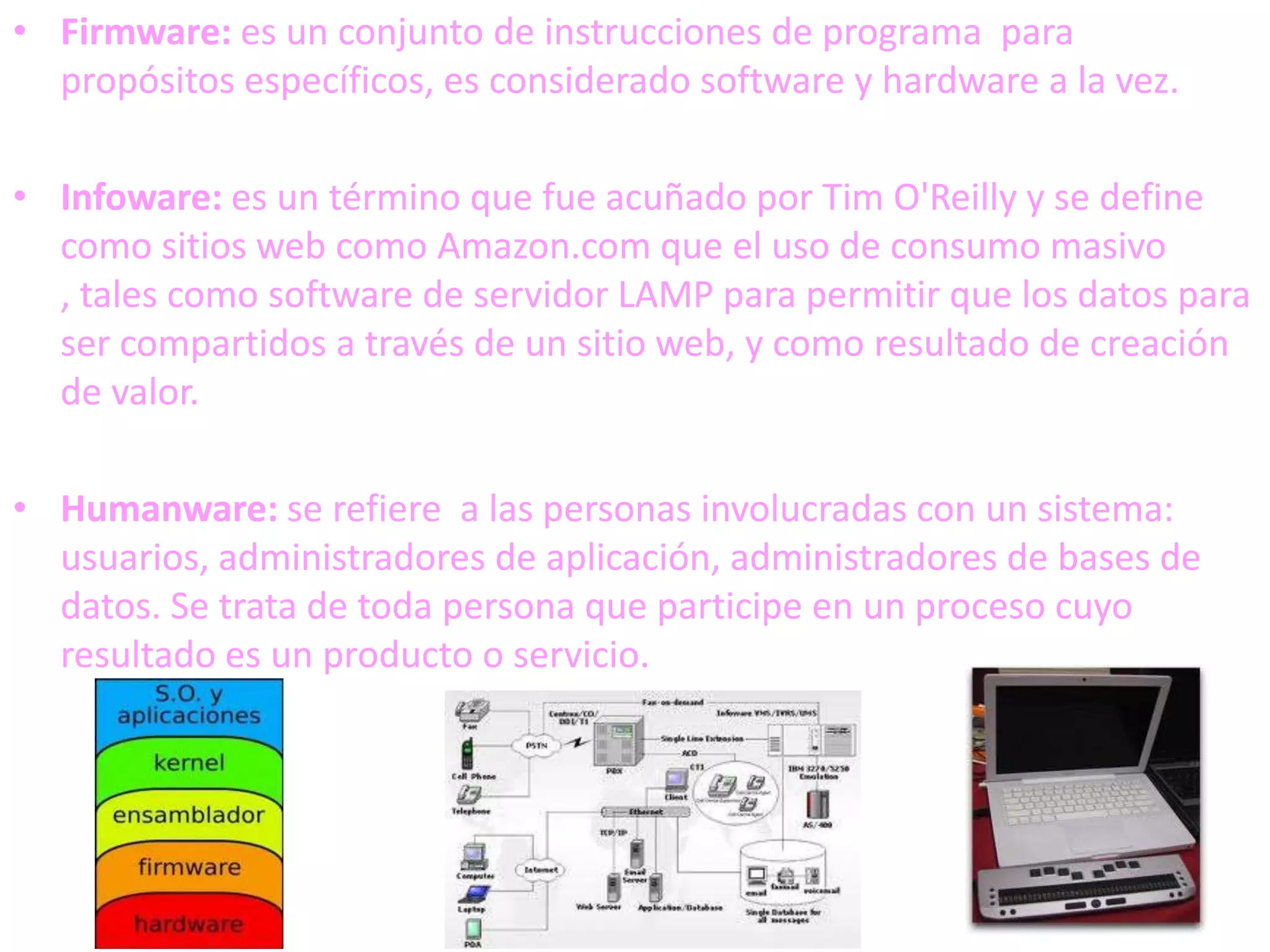 • Firmware: es un conjunto de instrucciones de programa para
  propósitos específicos, es considerado software y hardware a la vez.

• Infoware: es un término que fue acuñado por Tim O'Reilly y se define
  como sitios web como Amazon.com que el uso de consumo masivo
  , tales como software de servidor LAMP para permitir que los datos para
  ser compartidos a través de un sitio web, y como resultado de creación
  de valor.

• Humanware: se refiere a las personas involucradas con un sistema:
  usuarios, administradores de aplicación, administradores de bases de
  datos. Se trata de toda persona que participe en un proceso cuyo
  resultado es un producto o servicio.
 