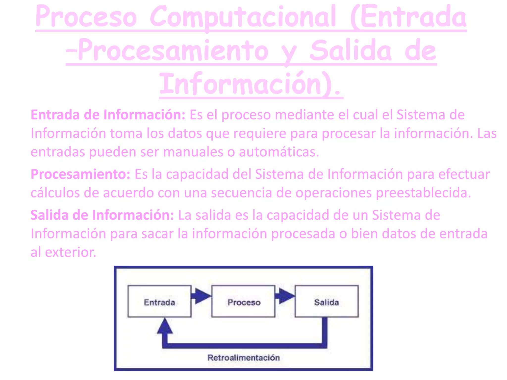 Proceso Computacional (Entrada
  –Procesamiento y Salida de
         Información).
Entrada de Información: Es el proceso mediante el cual el Sistema de
Información toma los datos que requiere para procesar la información. Las
entradas pueden ser manuales o automáticas.
Procesamiento: Es la capacidad del Sistema de Información para efectuar
cálculos de acuerdo con una secuencia de operaciones preestablecida.
Salida de Información: La salida es la capacidad de un Sistema de
Información para sacar la información procesada o bien datos de entrada
al exterior.
 