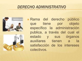 DERECHO ADMINISTRATIVO


       Rama del derecho público
        que      tiene     por   objeto
        específico la administración
        publica, a través del cual el
        estado      y    sus   órganos
        auxiliares     tienen   a    la
        satisfacción de los intereses
        colectivos.
 