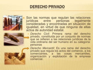 DERECHO PRIVADO

   Son las normas que regulan las relaciones
    jurídicas   entre    personas   legalmente
    consideradas y encontradas en situación de
    igualdad, en virtud de que ninguna de ellas
    actúa de autoridad estatal.
       Derecho Civil: Primera rama del derecho
        privado, constituida por un conjunto de normas
        que se refieren a las relaciones jurídicas de la
        vida ordinaria del ser humano en su categoría:
        personas
       Derecho Mercantil: Es una rama del derecho
        privado que regula los actos del comercio, a los
        comerciantes, a las cosas mercantiles,
        organización y explotación de la empresa
        comercial.
 