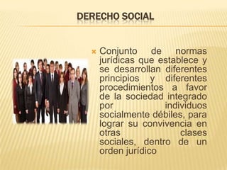DERECHO SOCIAL


     Conjunto de normas
      jurídicas que establece y
      se desarrollan diferentes
      principios y diferentes
      procedimientos a favor
      de la sociedad integrado
      por            individuos
      socialmente débiles, para
      lograr su convivencia en
      otras              clases
      sociales, dentro de un
      orden jurídico
 
