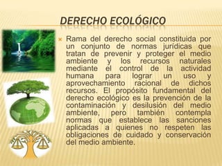 DERECHO ECOLÓGICO
   Rama del derecho social constituida por
    un conjunto de normas jurídicas que
    tratan de prevenir y proteger el medio
    ambiente y los recursos naturales
    mediante el control de la actividad
    humana para lograr un uso y
    aprovechamiento racional de dichos
    recursos. El propósito fundamental del
    derecho ecológico es la prevención de la
    contaminación y desilusión del medio
    ambiente, pero también contempla
    normas que establece las sanciones
    aplicadas a quienes no respeten las
    obligaciones de cuidado y conservación
    del medio ambiente.
 
