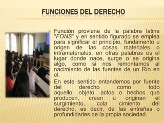 FUNCIONES DEL DERECHO

    Función proviene de la palabra latina
     "FONS" y en sentido figurado se emplea
     para significar el principio, fundamento u
     origen de las cosas materiales o
     intramateriales, en otras palabras es el
     lugar donde nace, surge o se origina
     algo, como si nos remontamos al
     nacimiento de las fuentes de un Río en
     el.
    En este sentido entendemos por fuente
     del       derecho          como         todo
     aquello, objeto, actos o hechos que
     producen,     crean      u     originan    el
     surgimiento,      cola      cimiento      del
     derecho, es decir, de las entrañas o
     profundidades de la propia sociedad.
 