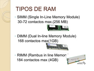 TIPOS DE RAM
◦ SIMM (Single In-Line Memory Module)
30-72 contactos max.(256 MB)
◦ DIMM (Dual In-line Memory Module)
168 contactos max(1GB)
◦ RIMM (Rambus in line Memory)
184 contactos max (4GB)
 