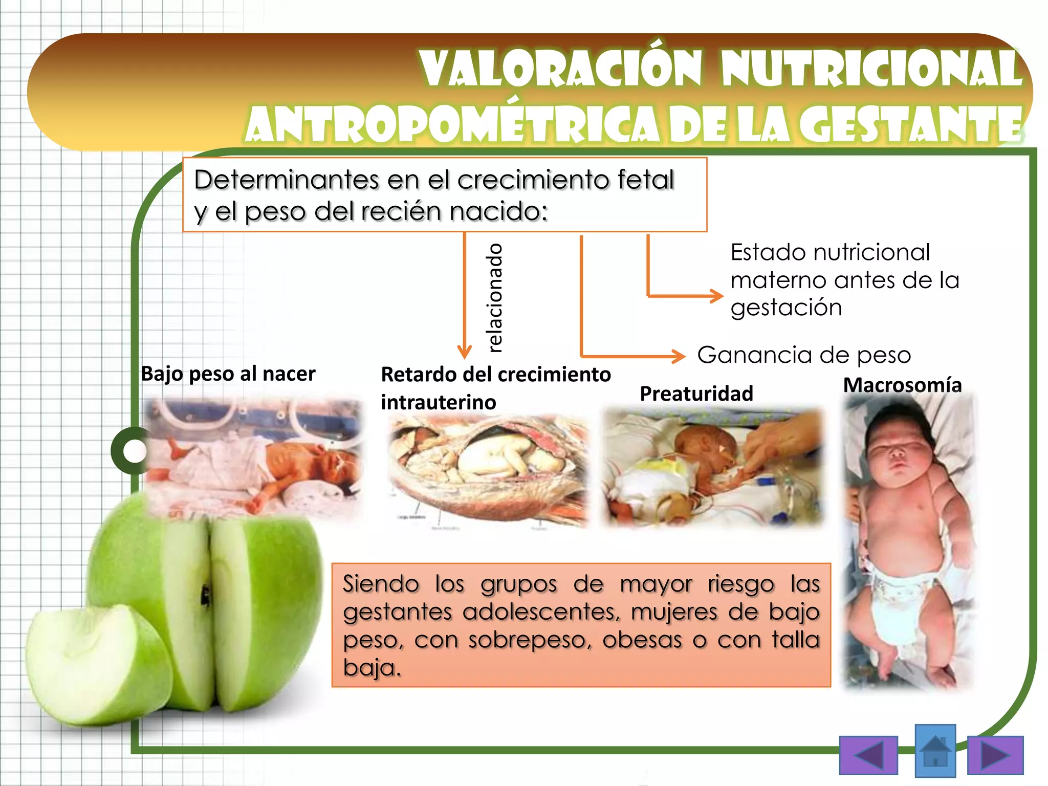 VALORACIÓN NUTRICIONAL
ANTROPOMÉTRICA DE LA GESTANTE
Determinantes en el crecimiento fetal
y el peso del recién nacido:
Ganancia de peso
Estado nutricional
materno antes de la
gestación
Macrosomía
relacionado
Siendo los grupos de mayor riesgo las
gestantes adolescentes, mujeres de bajo
peso, con sobrepeso, obesas o con talla
baja.
Bajo peso al nacer Retardo del crecimiento
intrauterino Preaturidad
 