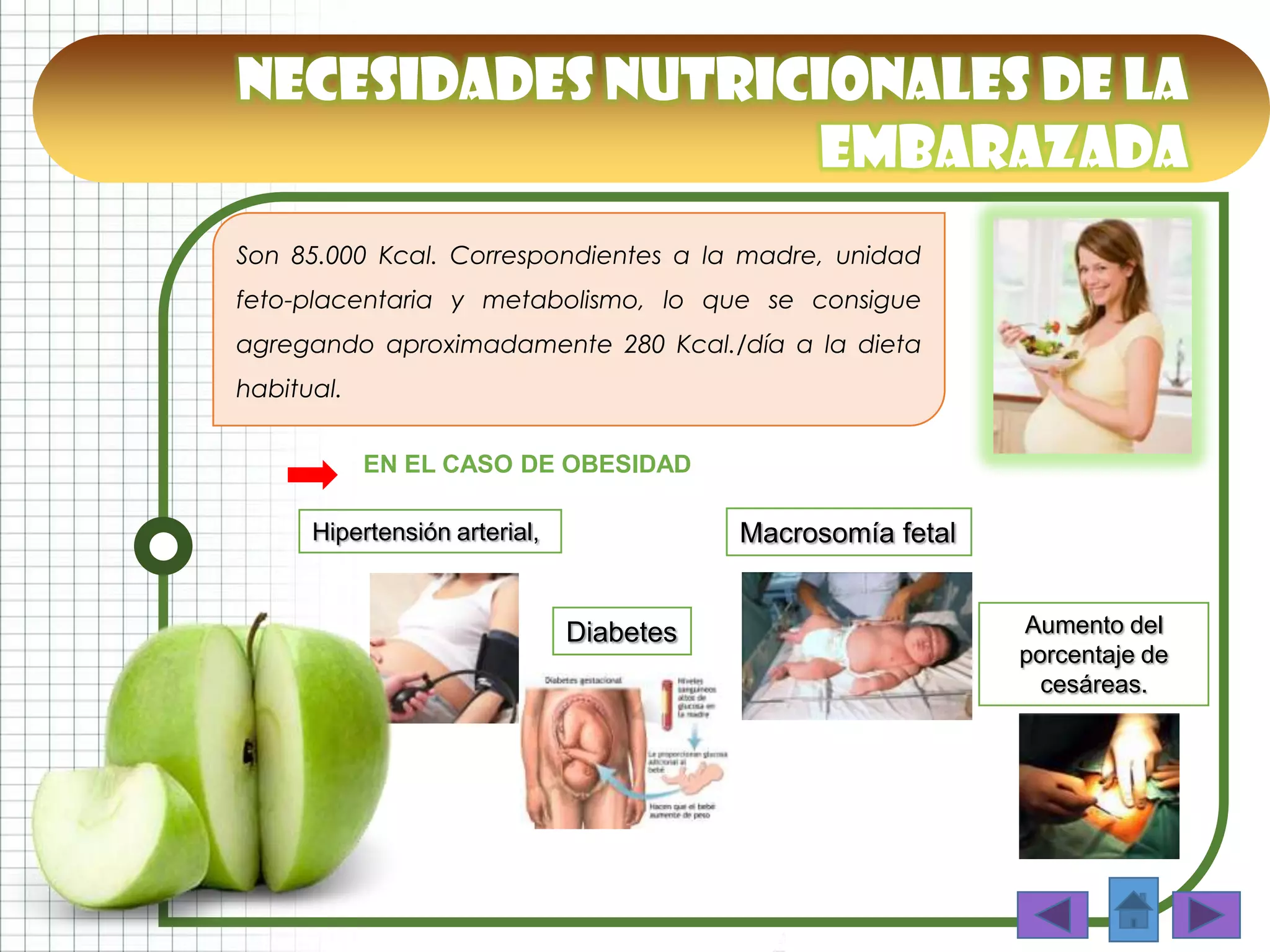 NECESIDADES NUTRICIONALES DE LA
EMBARAZADA
Son 85.000 Kcal. Correspondientes a la madre, unidad
feto-placentaria y metabolismo, lo que se consigue
agregando aproximadamente 280 Kcal./día a la dieta
habitual.
EN EL CASO DE OBESIDAD
Hipertensión arterial,
Diabetes
Macrosomía fetal
Aumento del
porcentaje de
cesáreas.
 