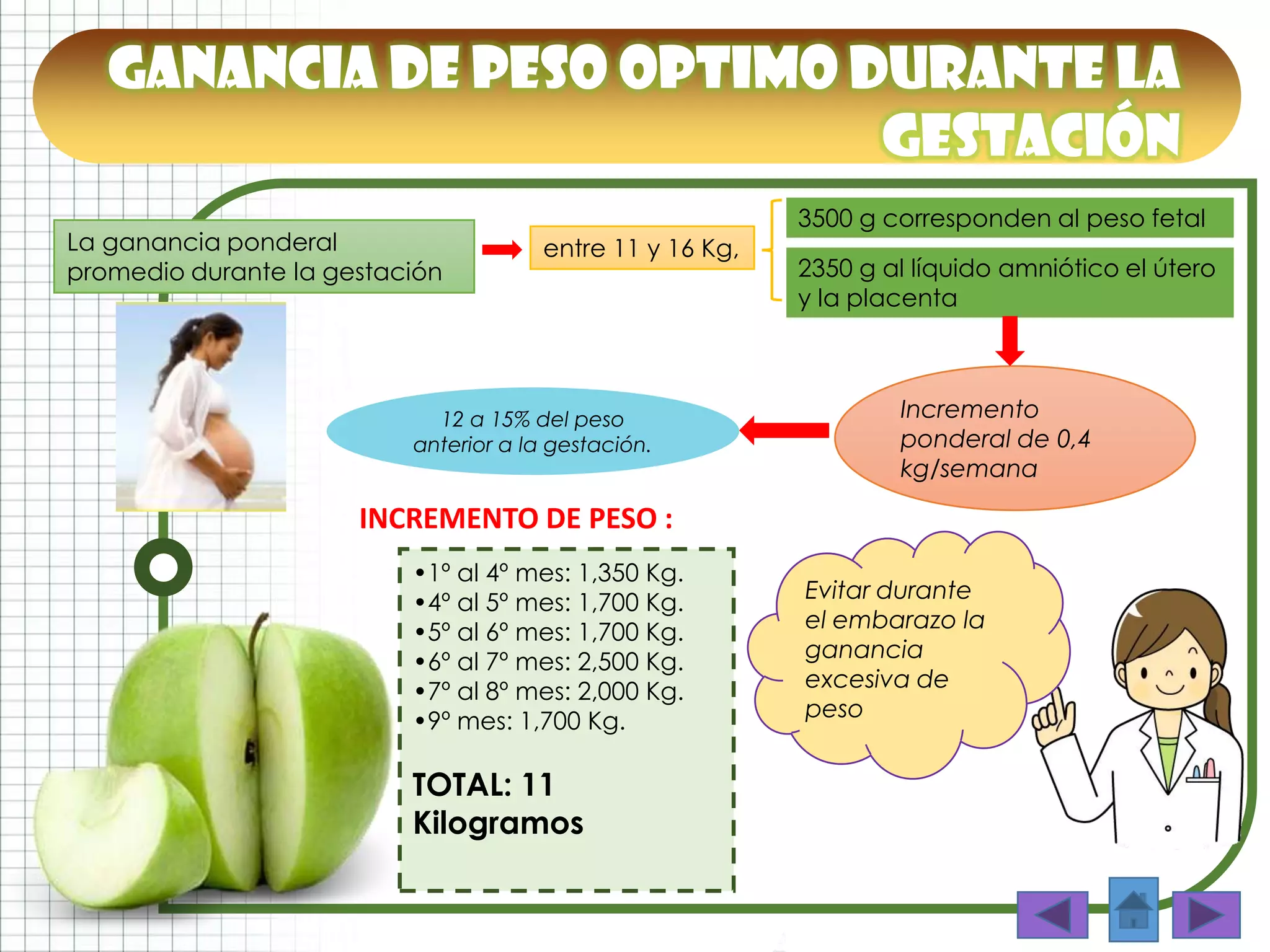 12 a 15% del peso
anterior a la gestación.
La ganancia ponderal
promedio durante la gestación
entre 11 y 16 Kg,
3500 g corresponden al peso fetal
2350 g al líquido amniótico el útero
y la placenta
Incremento
ponderal de 0,4
kg/semana
•1º al 4º mes: 1,350 Kg.
•4º al 5º mes: 1,700 Kg.
•5º al 6º mes: 1,700 Kg.
•6º al 7º mes: 2,500 Kg.
•7º al 8º mes: 2,000 Kg.
•9º mes: 1,700 Kg.
TOTAL: 11
Kilogramos
INCREMENTO DE PESO :
Evitar durante
el embarazo la
ganancia
excesiva de
peso
Ganancia de peso optimo durante la
gestación
 