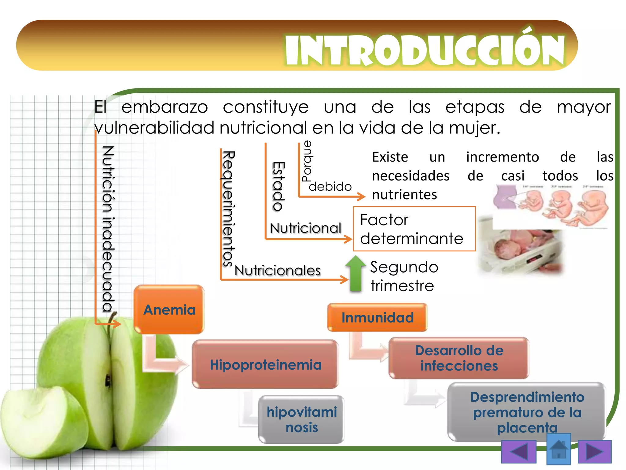 Factor
determinante
INTRODUCCIÓN
El embarazo constituye una de las etapas de mayor
vulnerabilidad nutricional en la vida de la mujer.
Porque
Existe un incremento de las
necesidades de casi todos los
nutrientes
debido
Estado
Nutricional
Requerimientos
Nutricionales Segundo
trimestre
Nutricióninadecuada
Anemia
Hipoproteinemia
hipovitami
nosis
Inmunidad
Desarrollo de
infecciones
Desprendimiento
prematuro de la
placenta
 